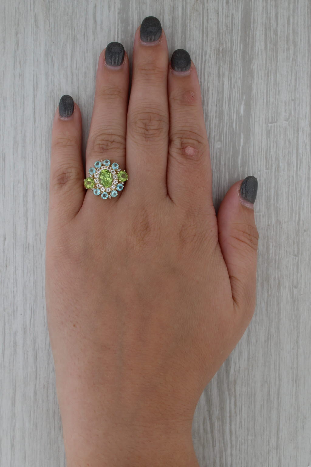 3.62ctw Peridot Topaz Apatite Ring 14k Yellow Gold Size 7 Cocktail Cluster