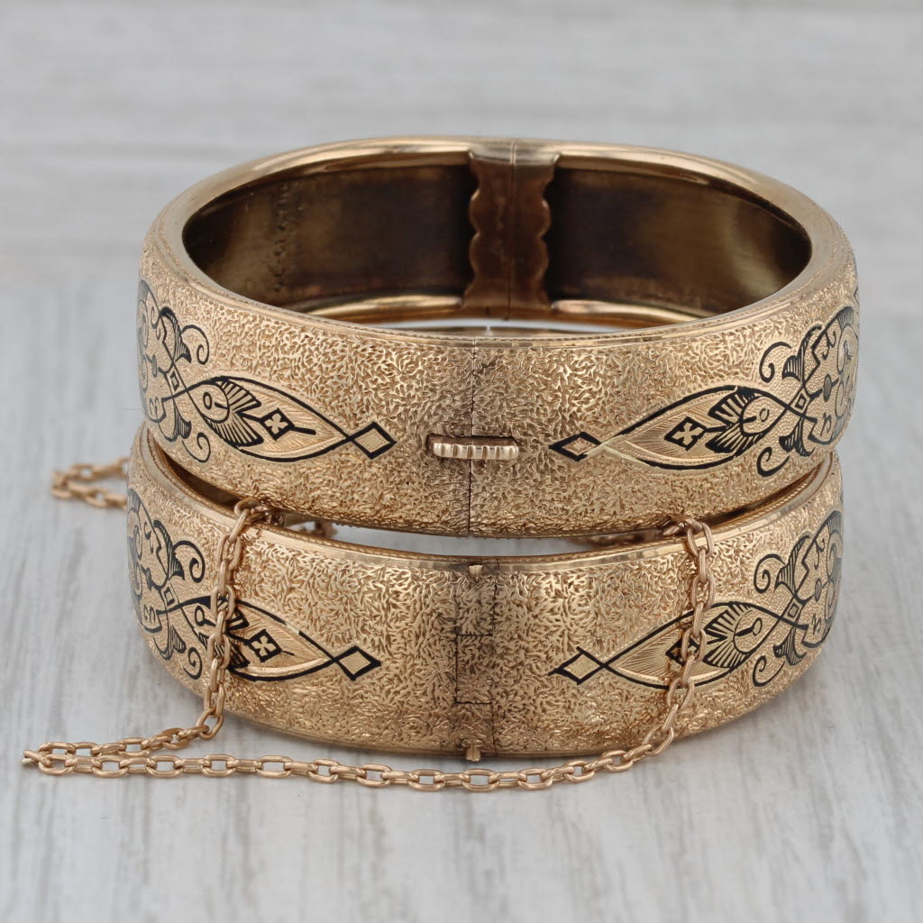 Dark Gray Victorian Taille d'Epargne Enamel Bangle Bracelets with Box 14k Gold Engraved