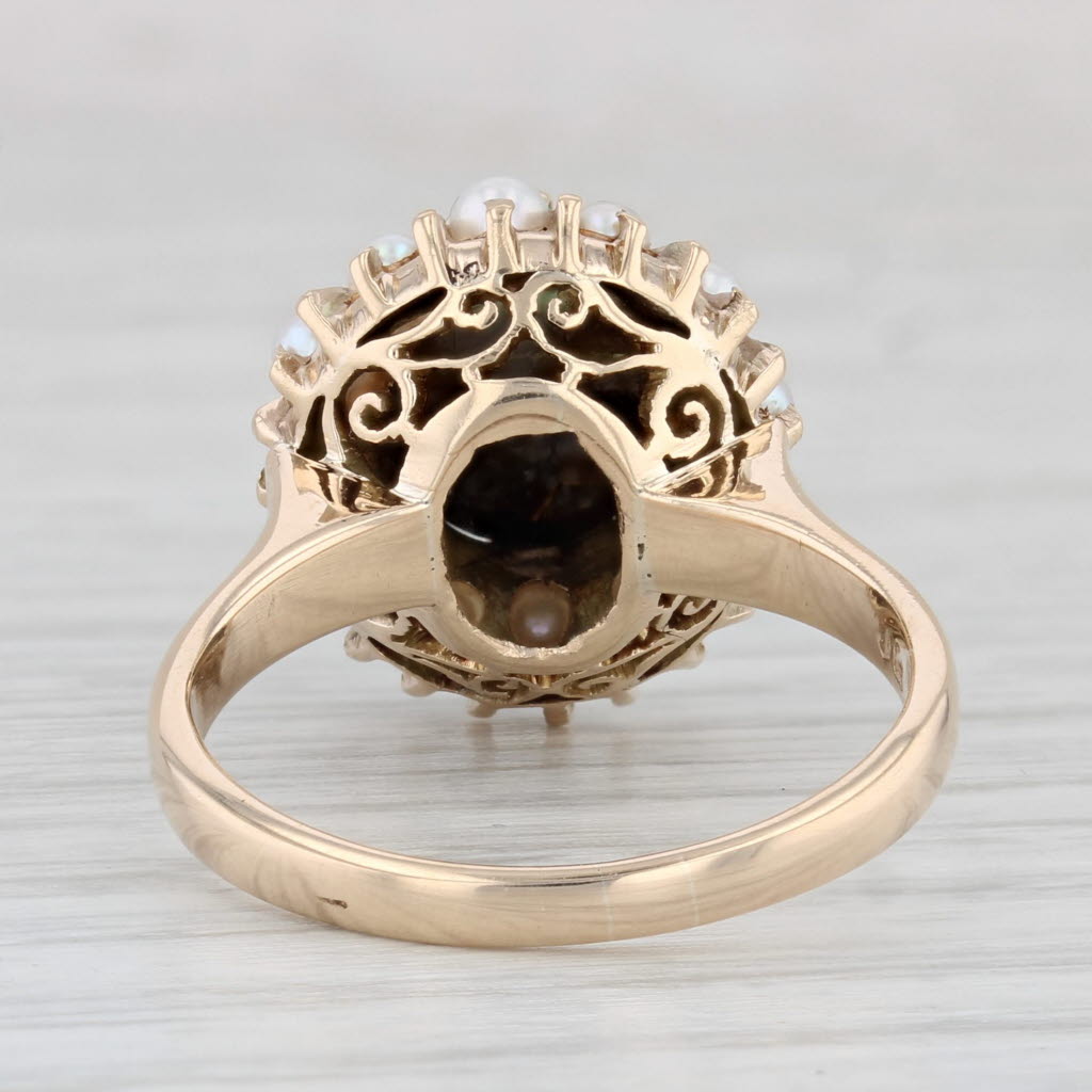 Light Gray Vintage Black Star Sapphire Cultured Pearl Halo Ring 10k Yellow Gold Size 7.25