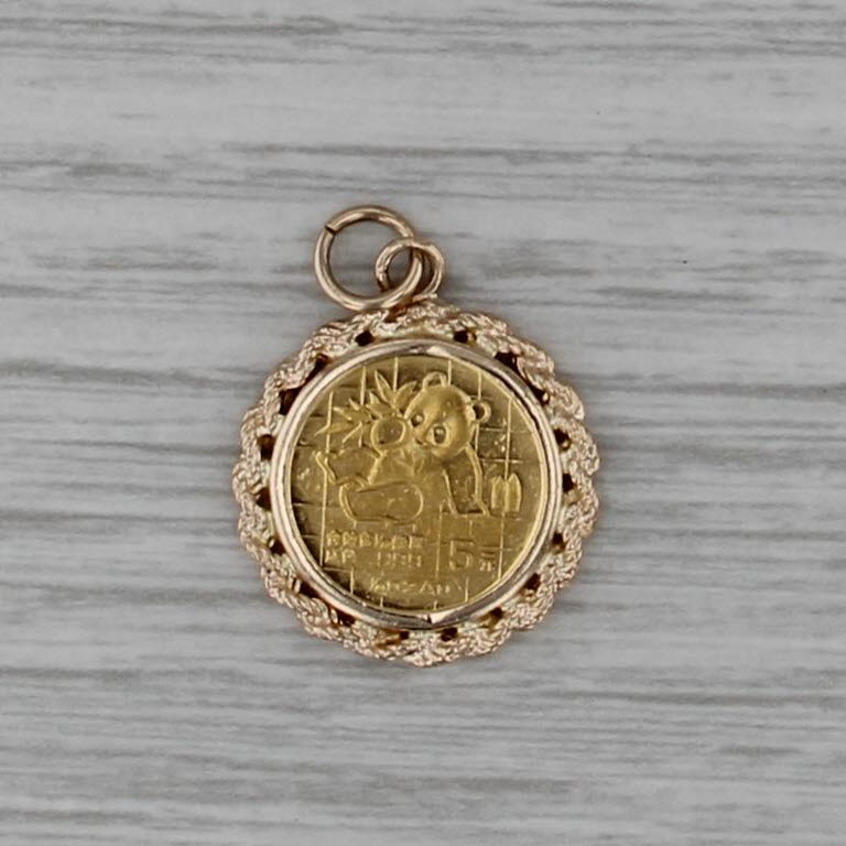 1989 Chinese Panda Coin Pendant 1/20 oz 24k 5 Yuan 14k Yellow Gold Charm