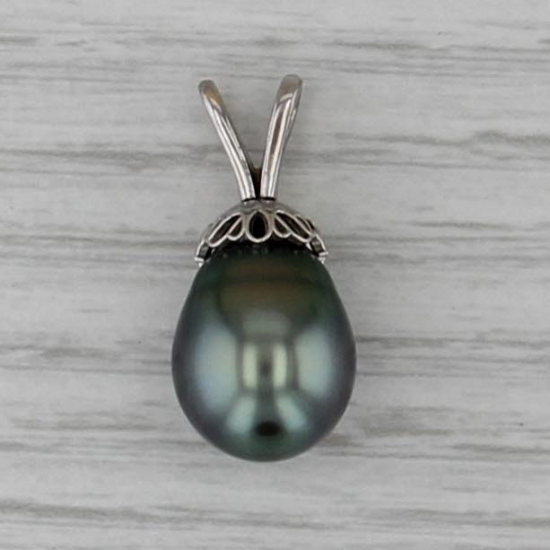 Cultured Black Pearl Diamond Pendant 14k White Gold Drop