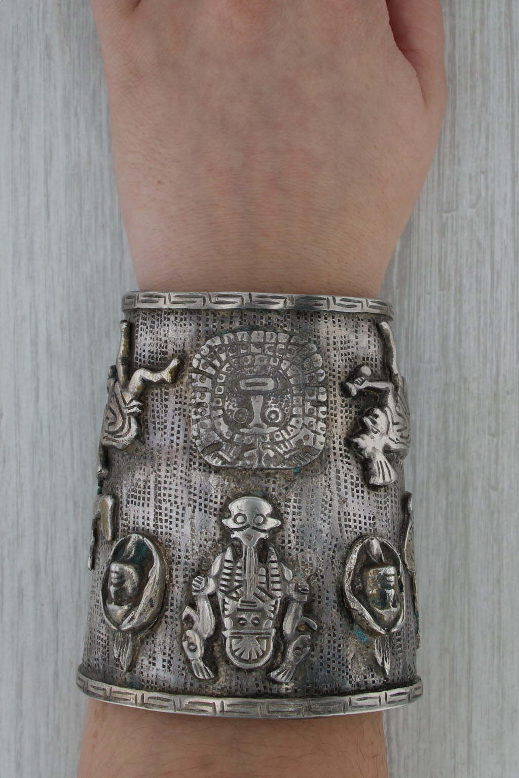 Vintage Peruvian Figural Tribal Wrist Plate Guard Sterling Silver Large Cuff