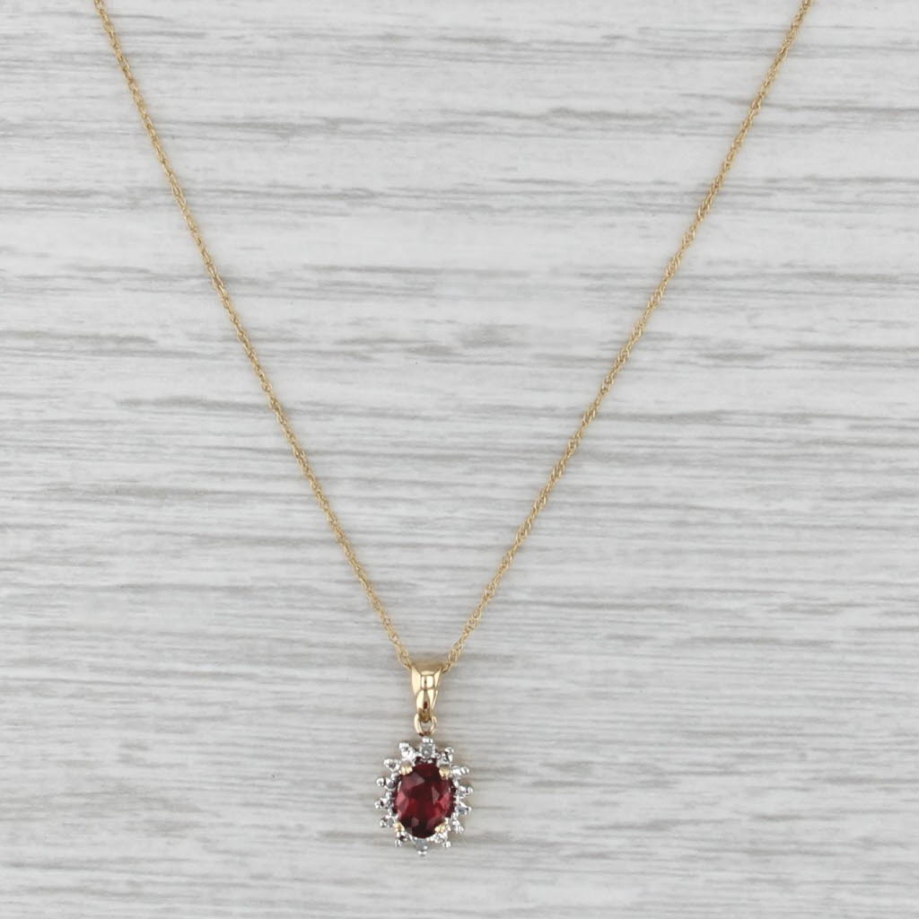 0.45ct Oval Garnet Diamond Pendant Necklace 14k Yellow Gold 18.25" Rope Chain