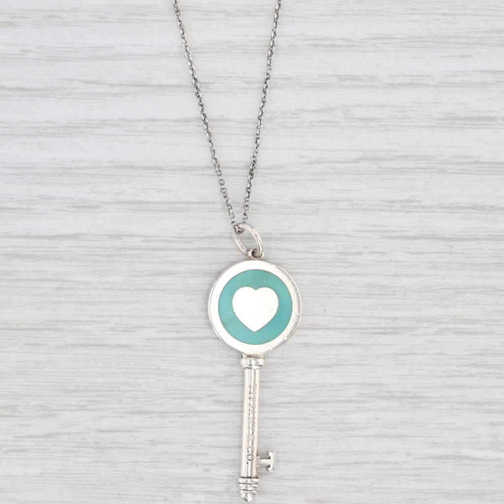 Light Gray Tiffany & Co Heart Skeleton Key Pendant Necklace Sterling Silver Blue Enamel 16"
