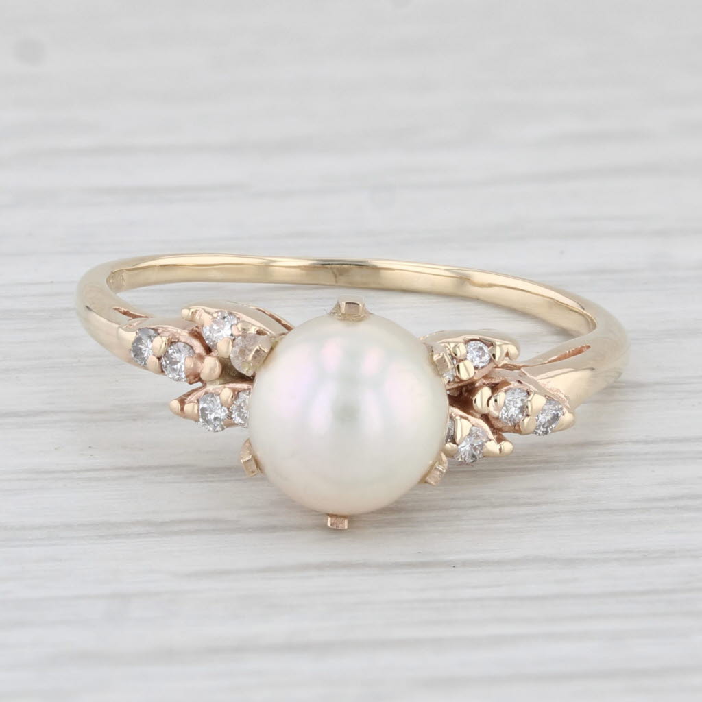 Light Gray Vintage Cultured Pearl Diamond Ring 14k Yellow Gold Size 8