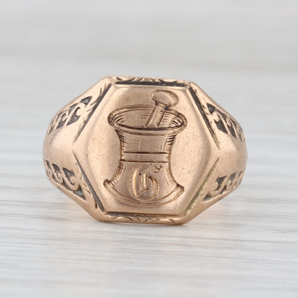 Antique Pharmacy School Ring 10k 14k Gold Size 8 Mortar Pestle Signet