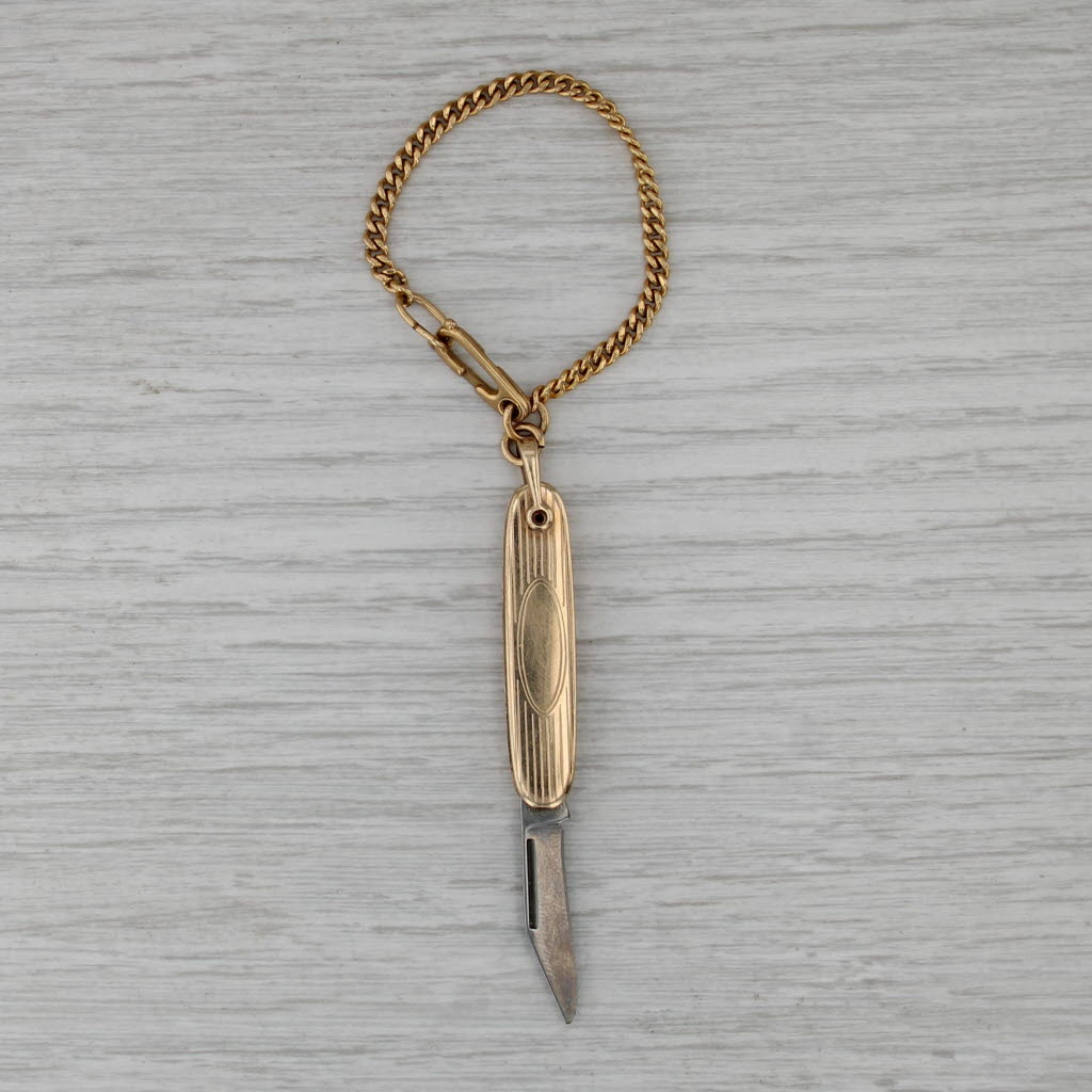 Vintage Single Blade Pocket Knife w/ Chain 14k Gold Filled Engravable