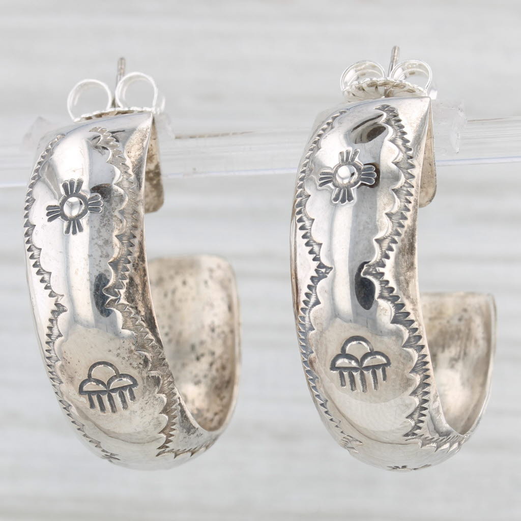 Light Gray Vintage Navajo Native American Stamped Raincloud Hoop Earrings Sterling Silver