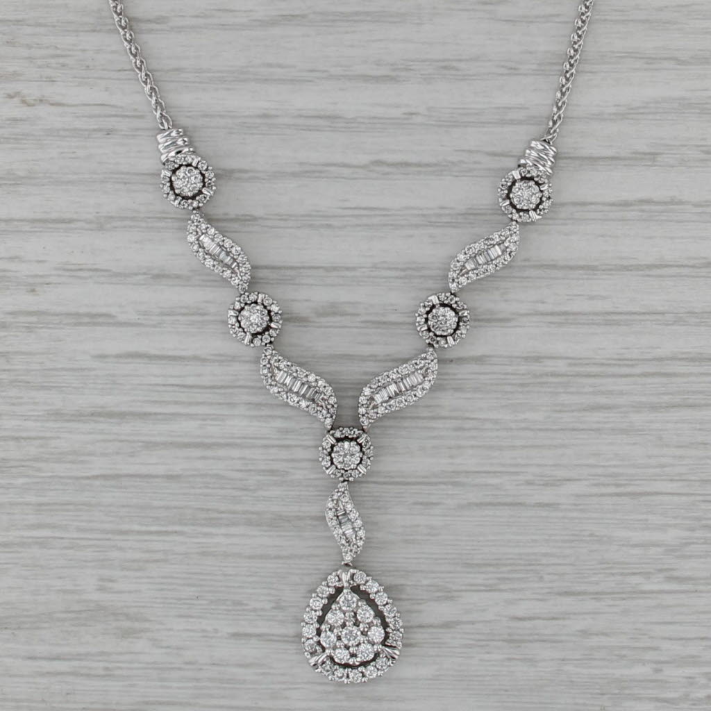 1.96ctw Diamond Teardrop Lavalier Necklace 14k White Gold 17" Wheat Chain