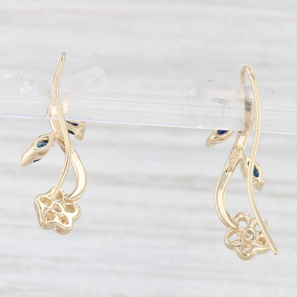 Light Gray 0.55ctw Blue Sapphire Diamond Flower Drop Earrings 14k Yellow Gold Hook Posts