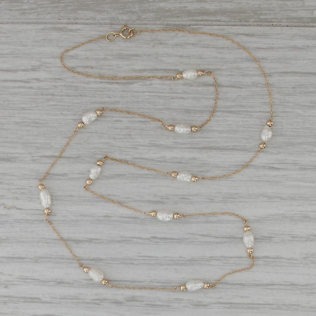 Fresh Water Rice Krispie Cultured Pearl Station Necklace 14k Gold 17" Rope Chain