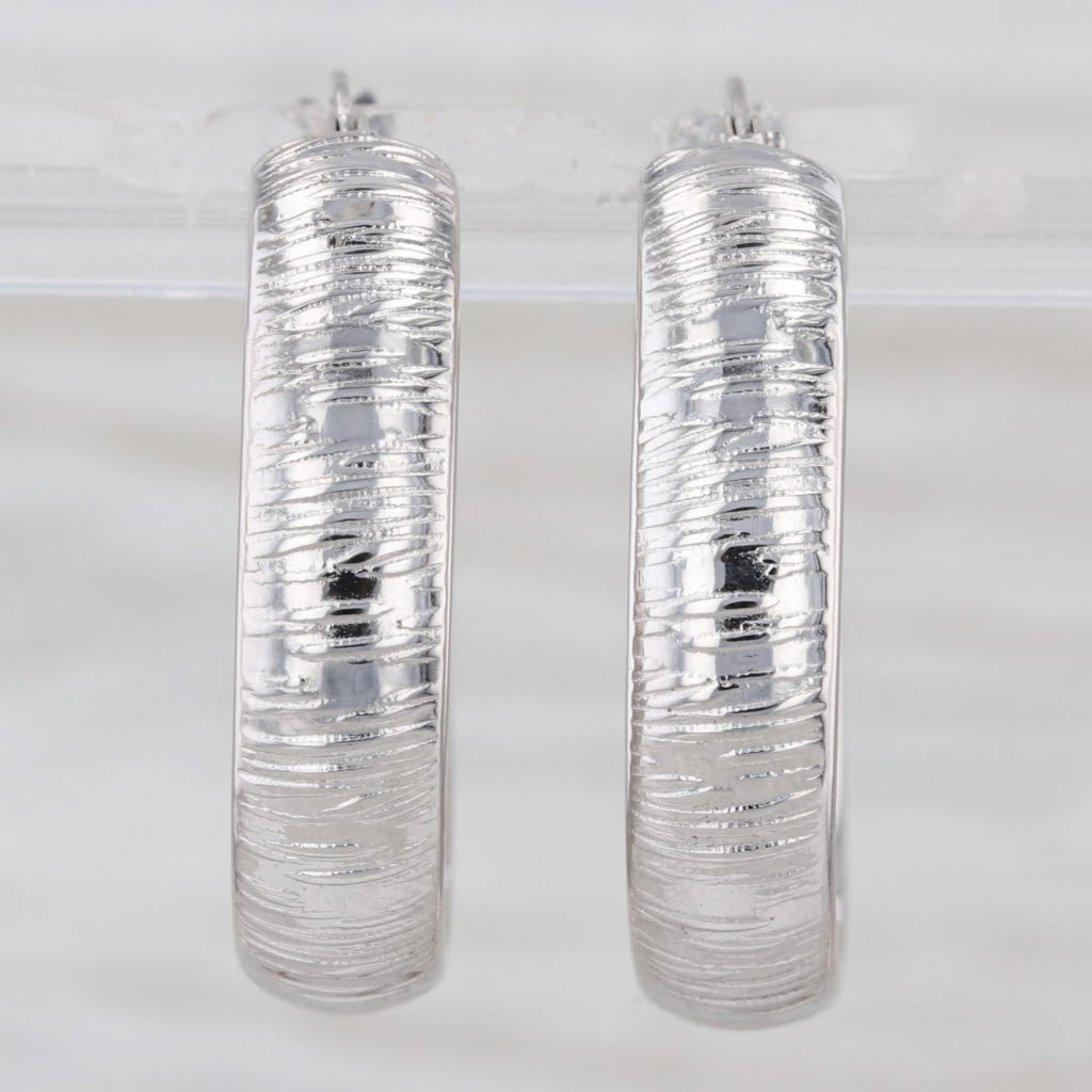 Etched Textured Hoop Earrings 18k White Gold Snap Top Round Hoops