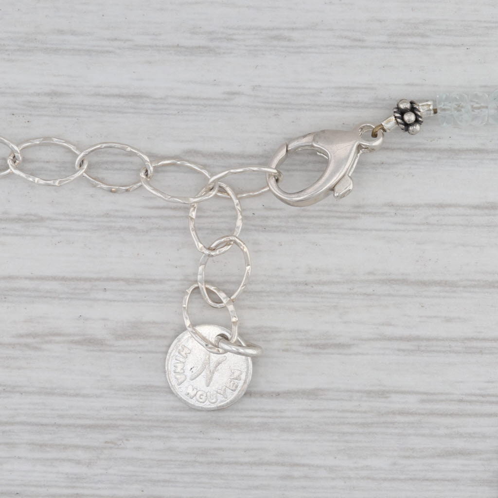 New Nina Wynn Harmony Necklace Aquamarine Bead Sterling Silver Long Adjustable