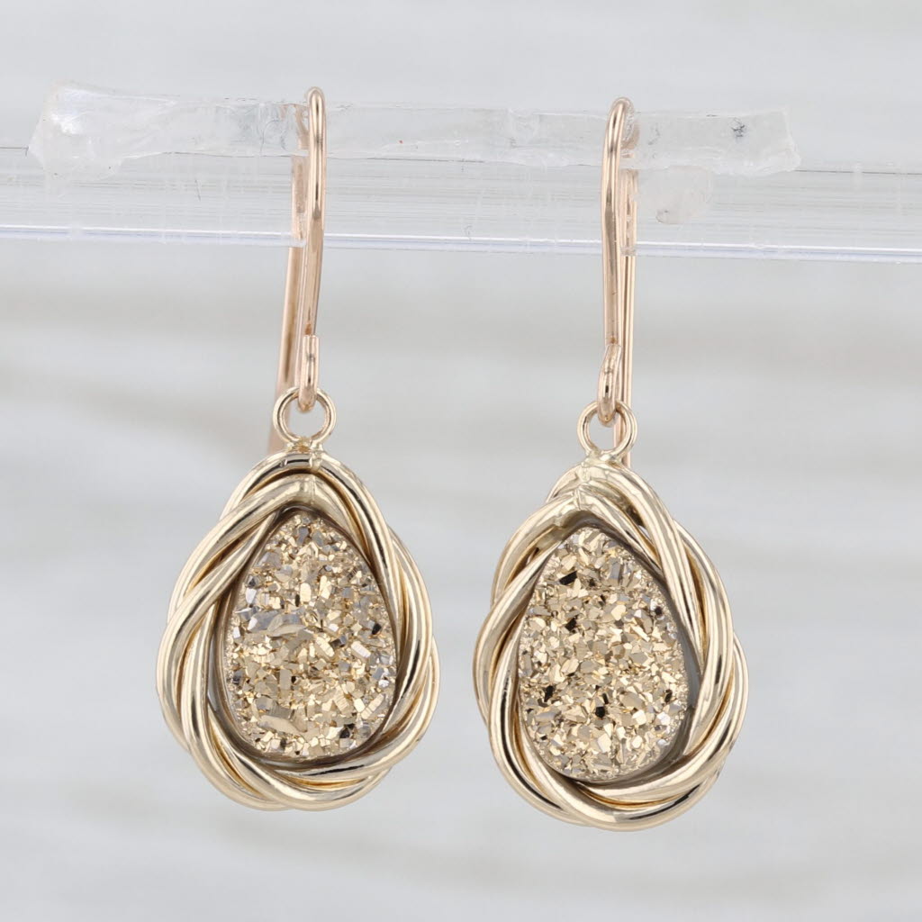 Druzy Quartz Chalcedony Doublet Dangle Earrings 14k Yellow Gold Hook Post Drops