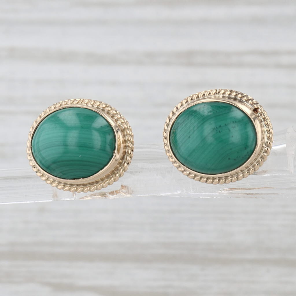 Green Malachite Stud Earrings 14k Yellow Gold Oval Cabochon Studs