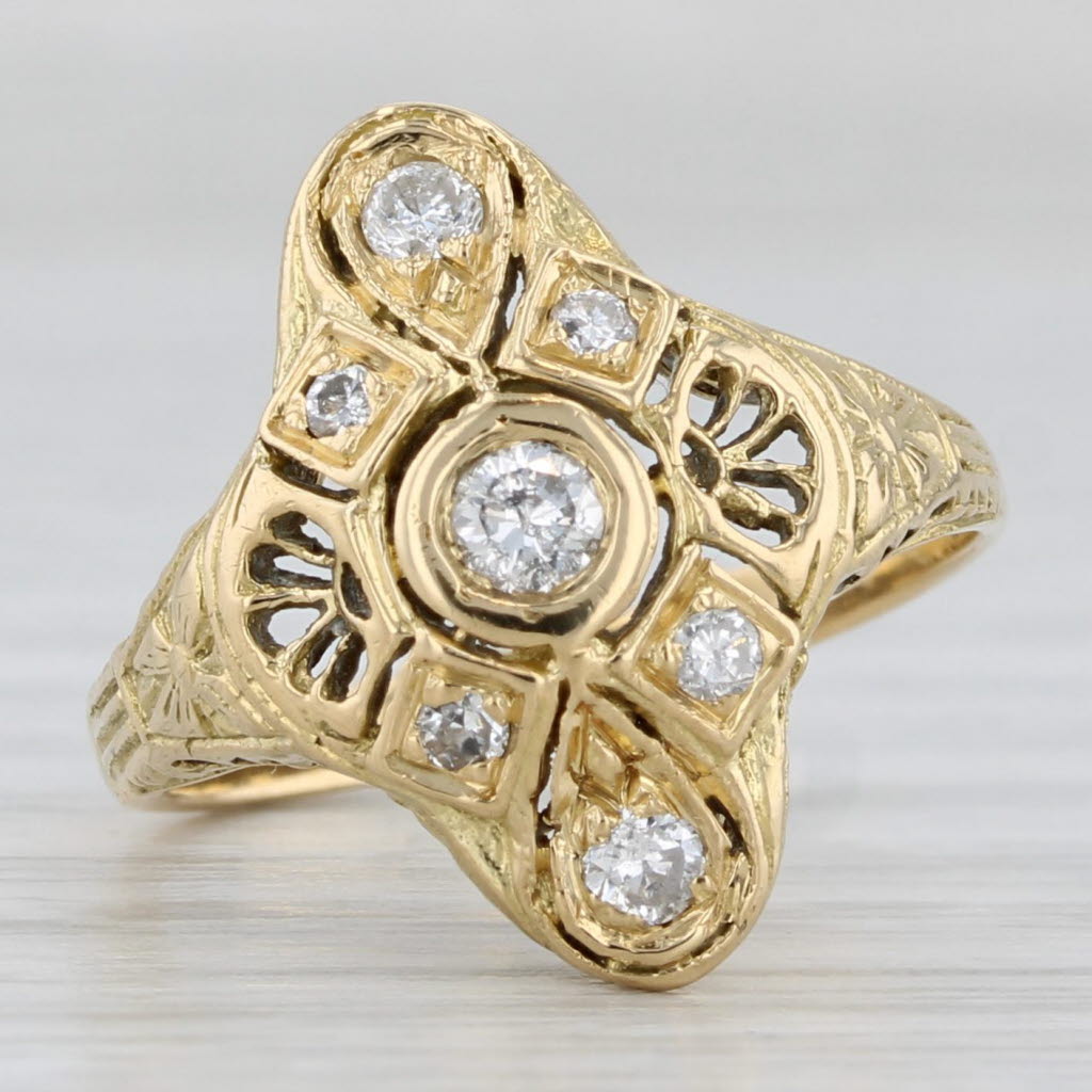 Gray Vintage Art Deco 0.24ctw Diamond Filigree Ring 18k Yellow Gold Size 5.25