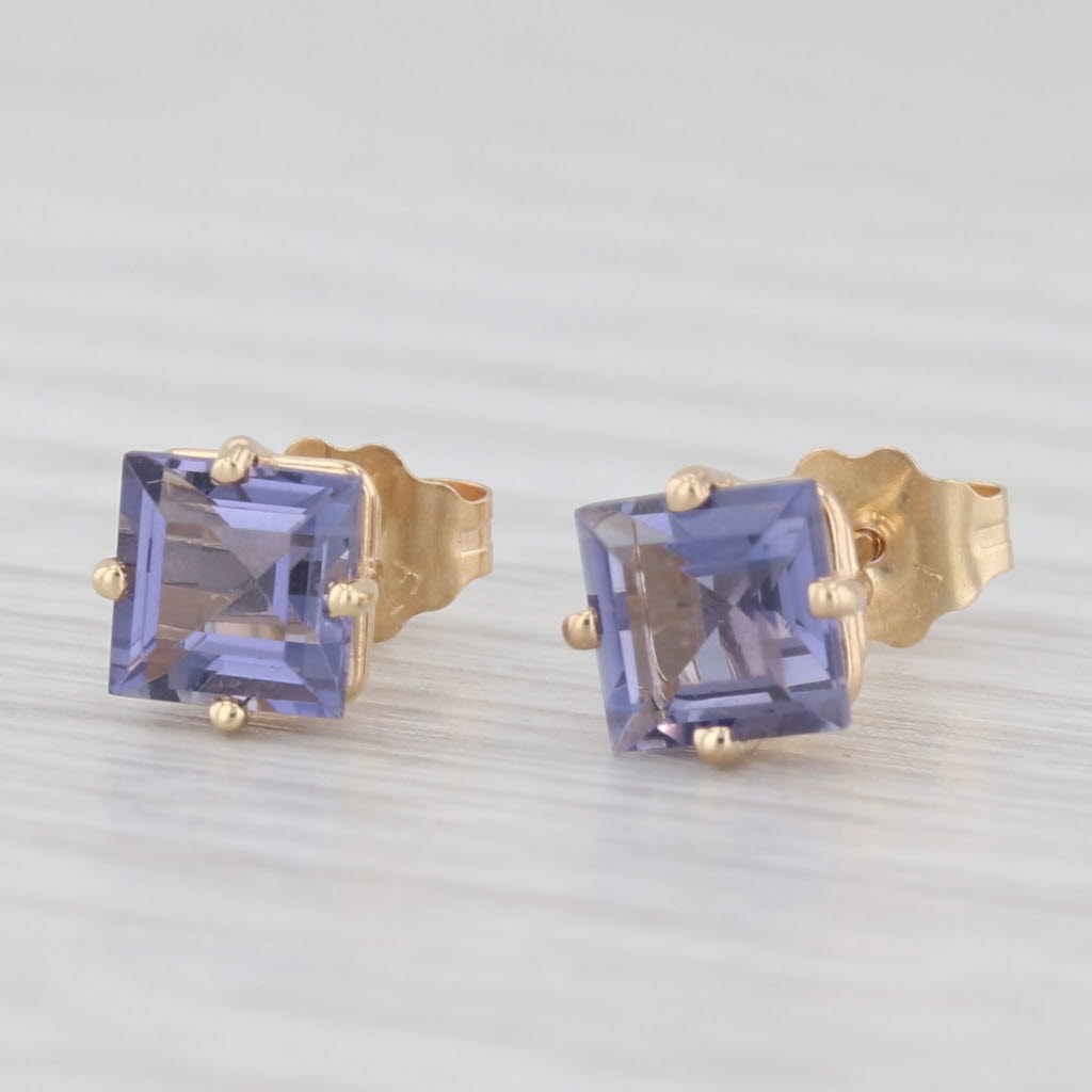 Light Gray 1.14ctw Purple Blue Iolite Stud Earrings 14k Yellow Gold Princess Solitaires