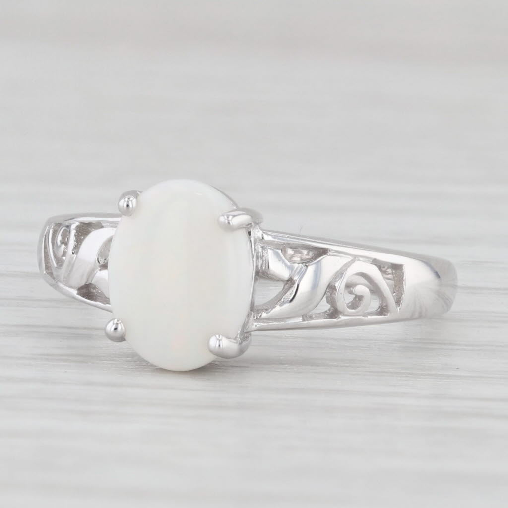 Light Gray Opal Ring 14K White Gold Size 7 Oval Cabochon Soltiaire