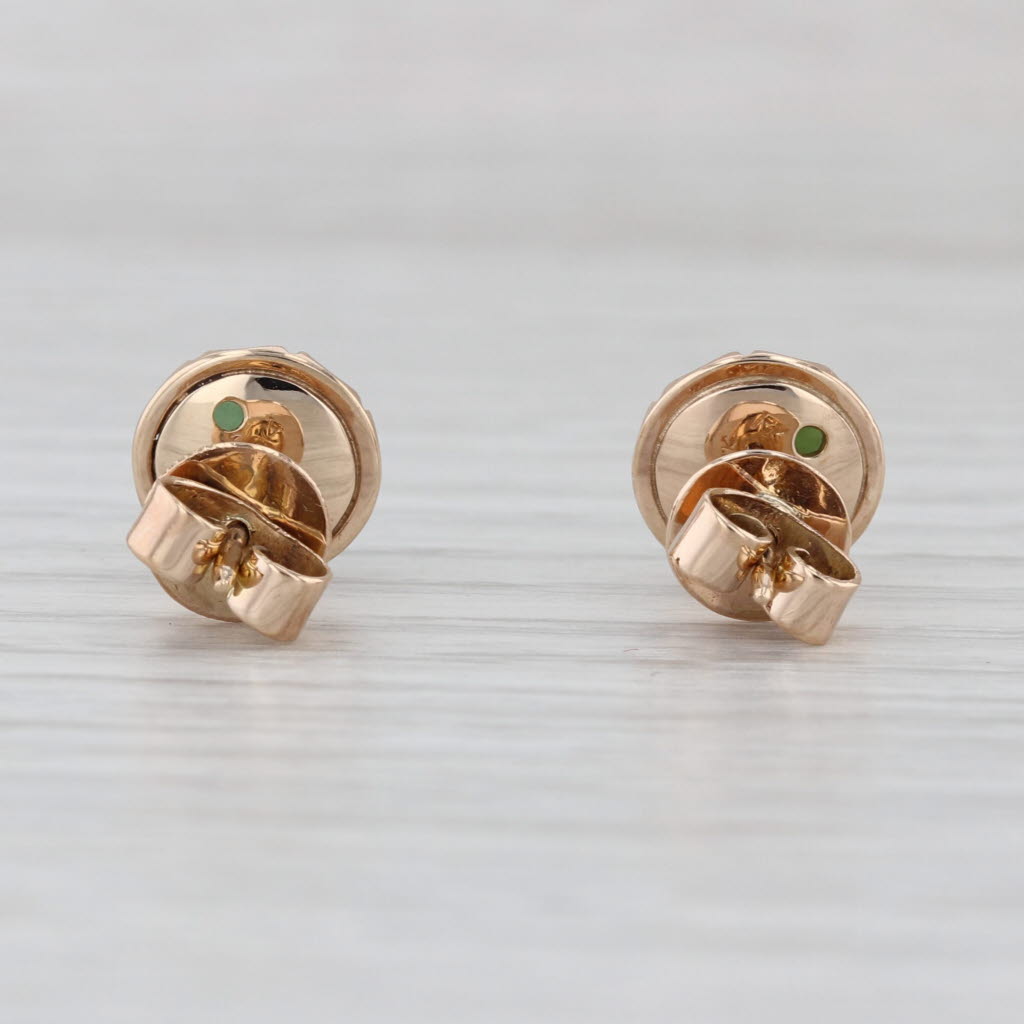 Green Jadeite Jade Stud Earrings 14k Yellow Gold Round Cabochon Studs