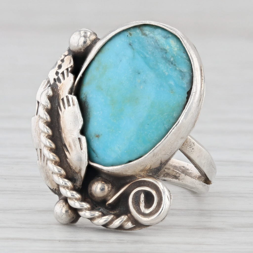 Light Gray Turquoise Feather Ring Sterling Silver Size 5 Vintage Native American