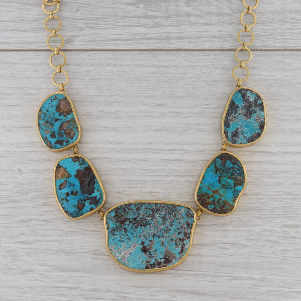 New Nina Wynn Turquoise Statement Necklace Sterling Gold Vermeil 20" Wisdom