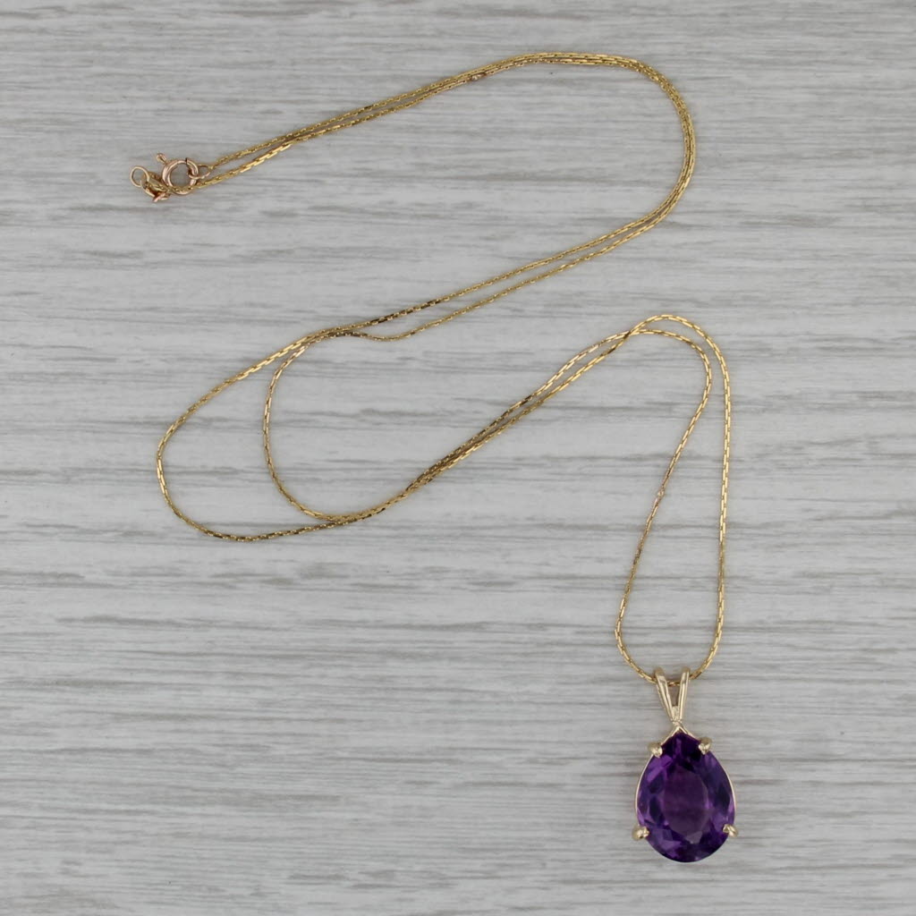 6ct Pear Amethyst Solitaire Teardrop Pendant Necklace 14k Yellow Gold 20" C-Link