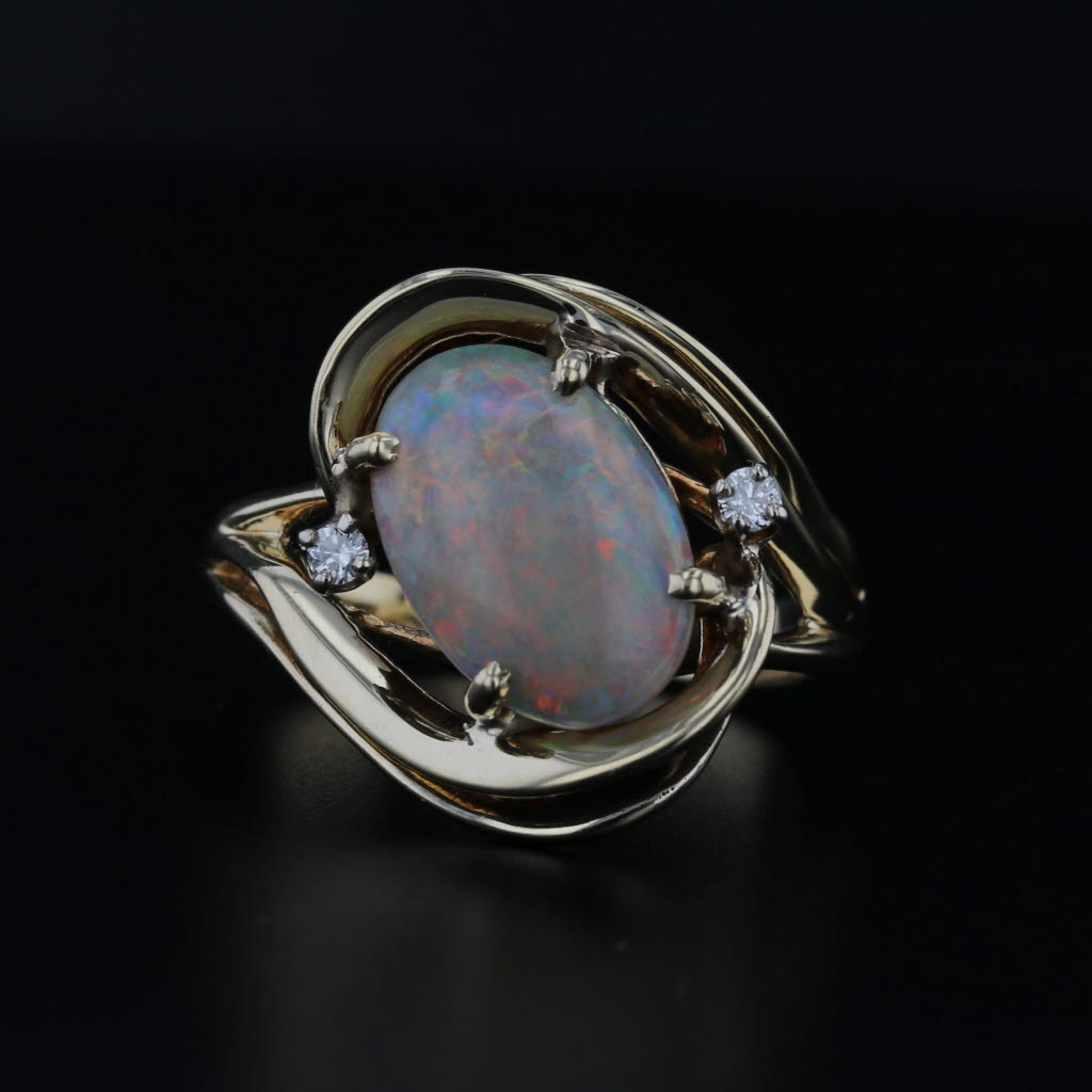 Oval Cabochon Opal Diamond Ring 14k Yellow Gold Bypass Size 8