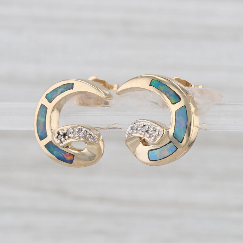 Opal Diamond Swirl Stud Earrings 14k Yellow Gold Studs