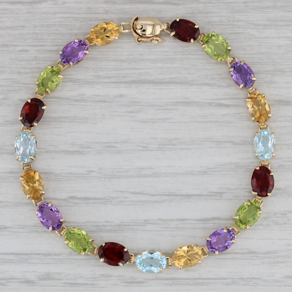 Gray 15.42ctw Gemstone Tennis Bracelet 14k Gold Citrine Amethyst Peridot Garnet Topaz