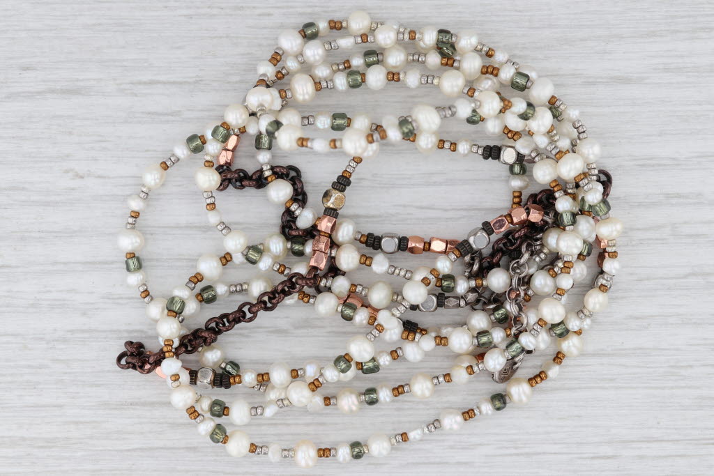 Light Gray Silpada Wrap Cultured Pearls Bead Necklace Sterling Silver Brass Glass 61.25"