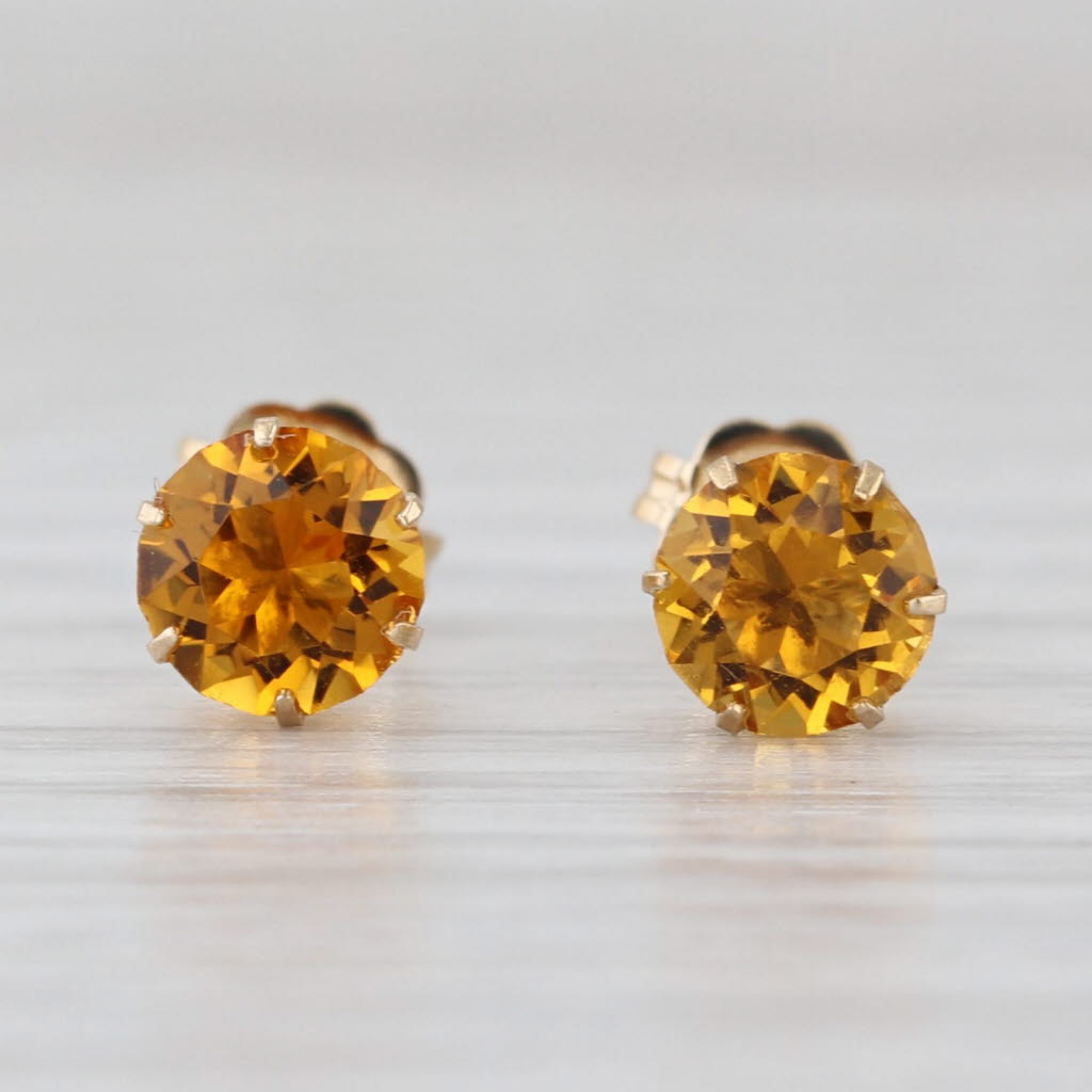 Orange Glass Solitaire Stud Earrings 14k Yellow Gold Round Studs