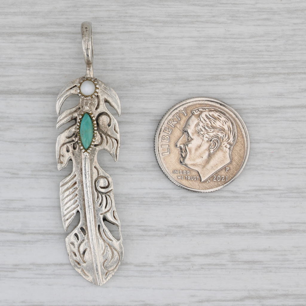 Gray Vintage Mother of Pearl Simulated Turquoise Feather Pendant Sterling Silver