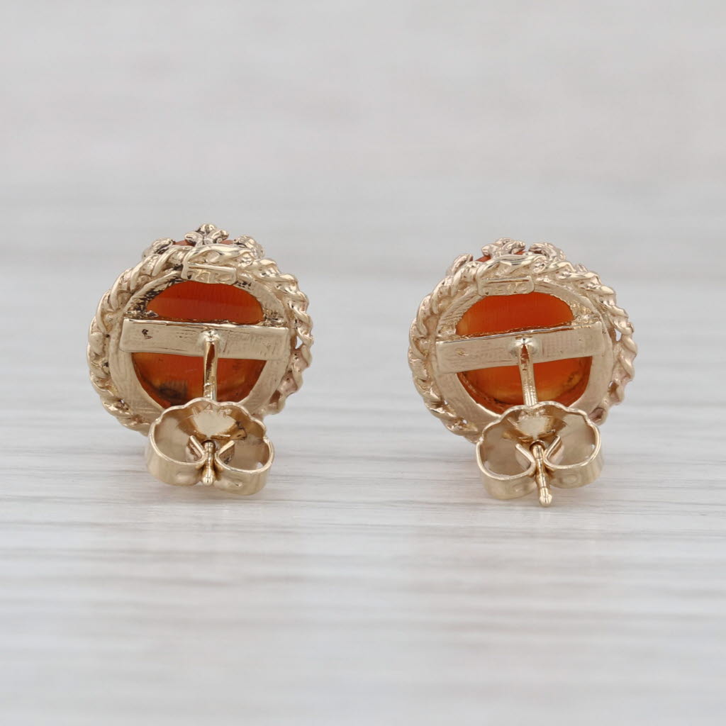 Vintage Carved Shell Cameo Stud Earrings 14k Yellow old Ornate Figural Studs