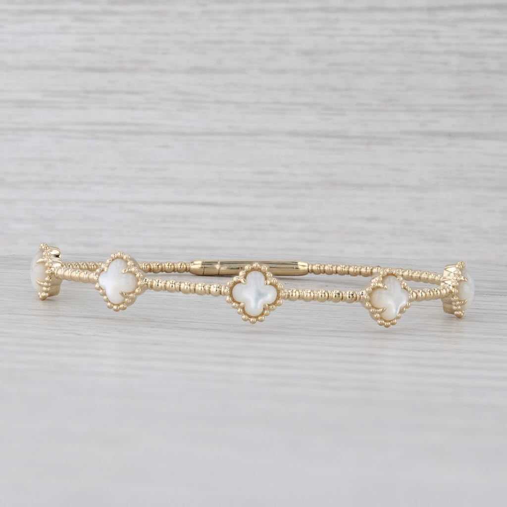 New Mother of Pearl Clover Bead Flexible Bangle Bracelet 14k Gold 6.5"