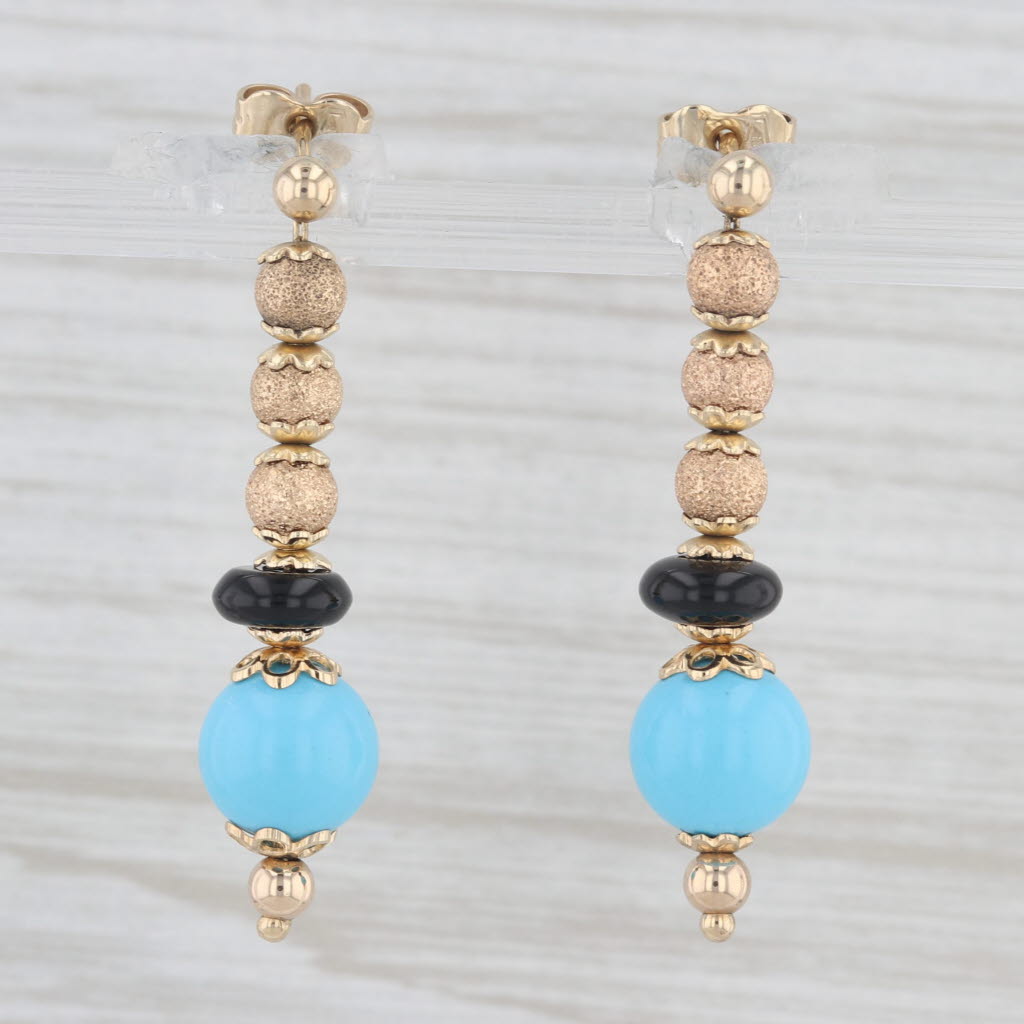 Light Gray Faro Italy Simulated Turquoise Onyx Bead Strand Dangle Earrings 14k Yellow Gold