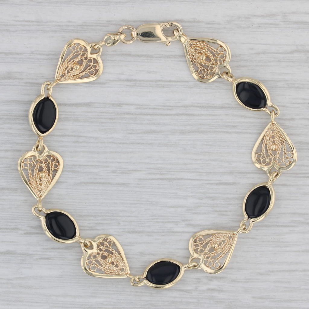 Gray Onyx Filigree Link Bracelet 14k Yellow Gold 7" 10.7mm