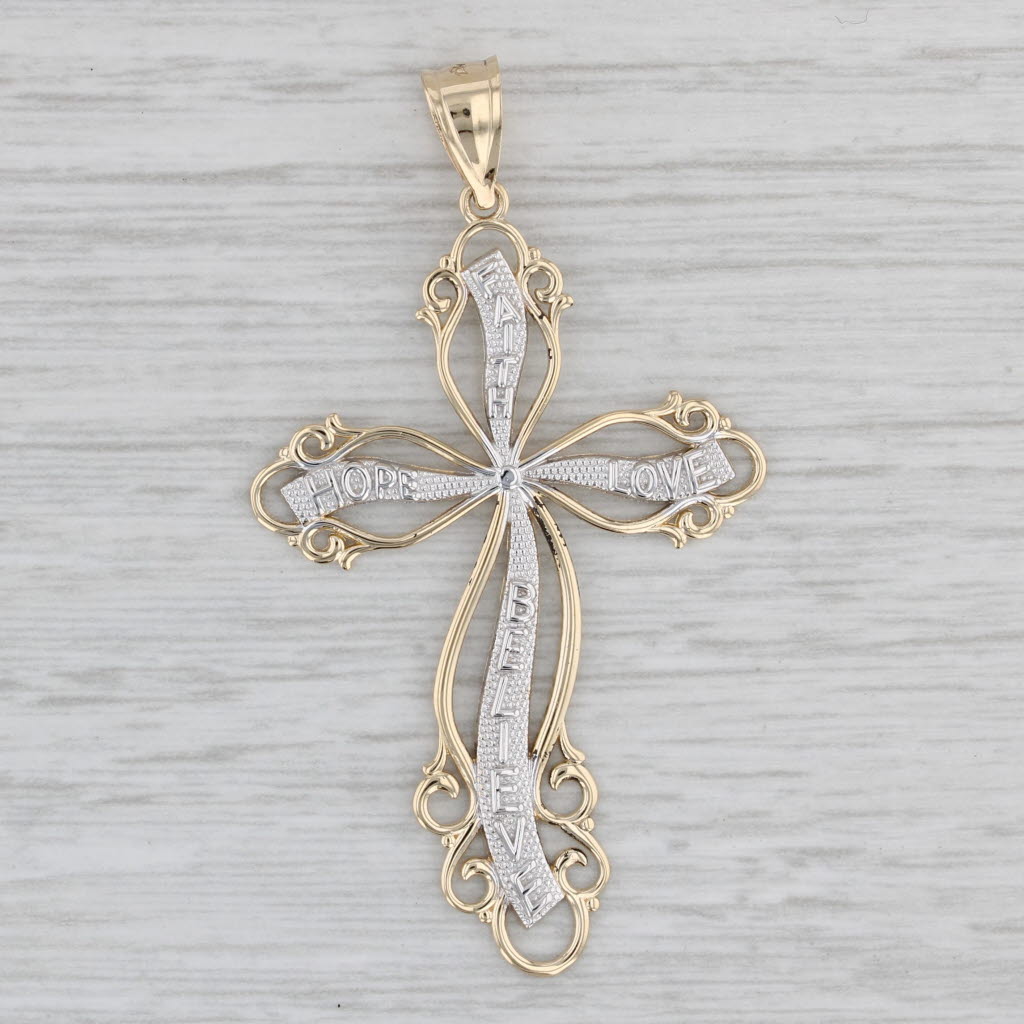 Gray 2-Toned Ornate Cross Pendant 14k Yellow White Gold Statement Religious Jewelry