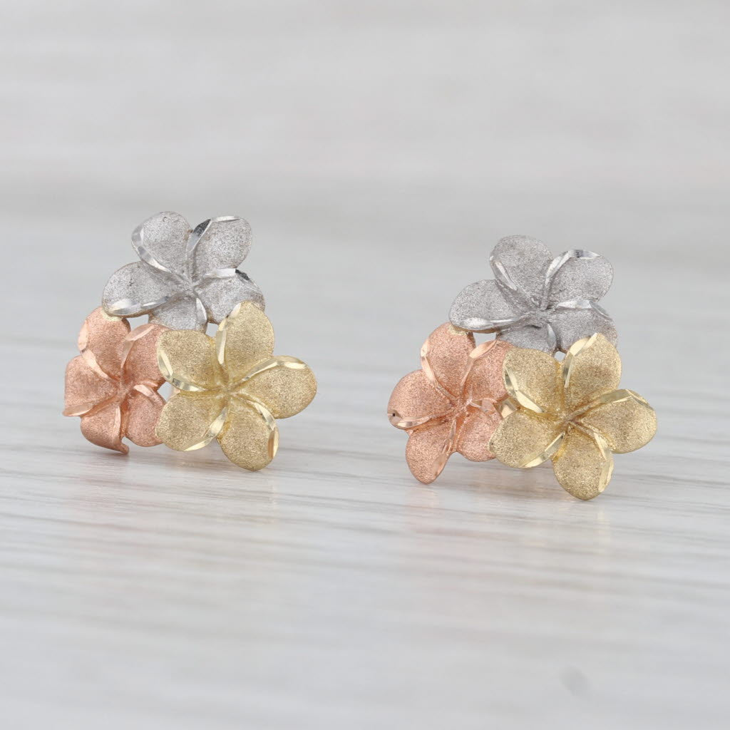 Tri-Toned Flower Stud Earrings 14k Rose Yellow White Gold Flower Studs