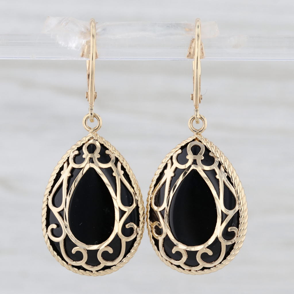 Ornate Onyx Teardrop Dangle Earrings 14k Yellow Gold Leverbacks