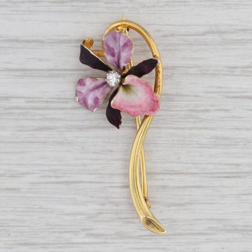 Gray Vintage 0.10ct Diamond Enamel Flower Brooch 14k Yellow Gold Floral Bar Pin