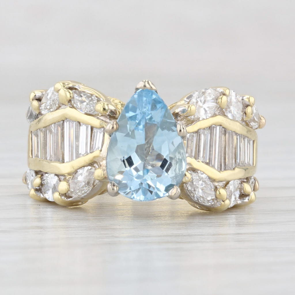 3.50ctw Aquamarine Pear Diamond Cocktail Ring 18k Yellow Gold Size 6