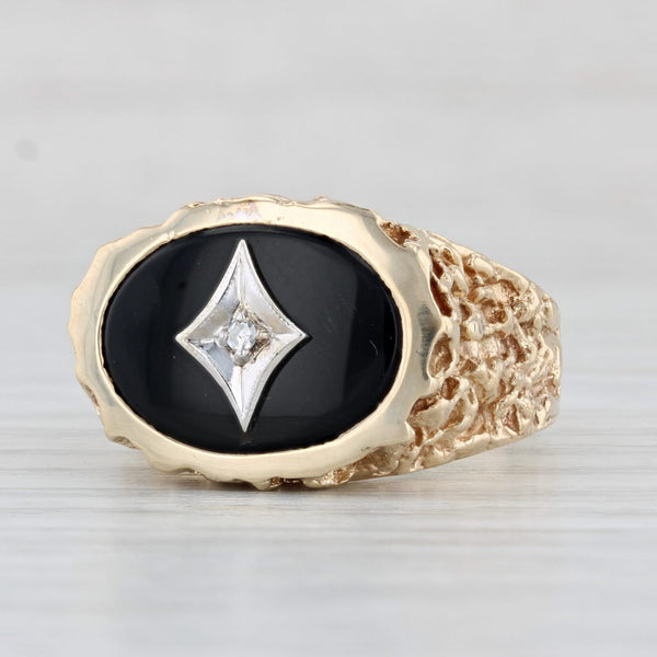 Light Gray Vintage Onyx Diamond Men's Ring 10k Yellow Gold Nugget Size 11.5 Signet