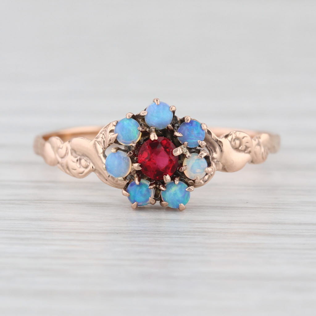 Victorian Antique Blue Opal Red Glass Flower Ring 14k Yellow Gold Size 8.5