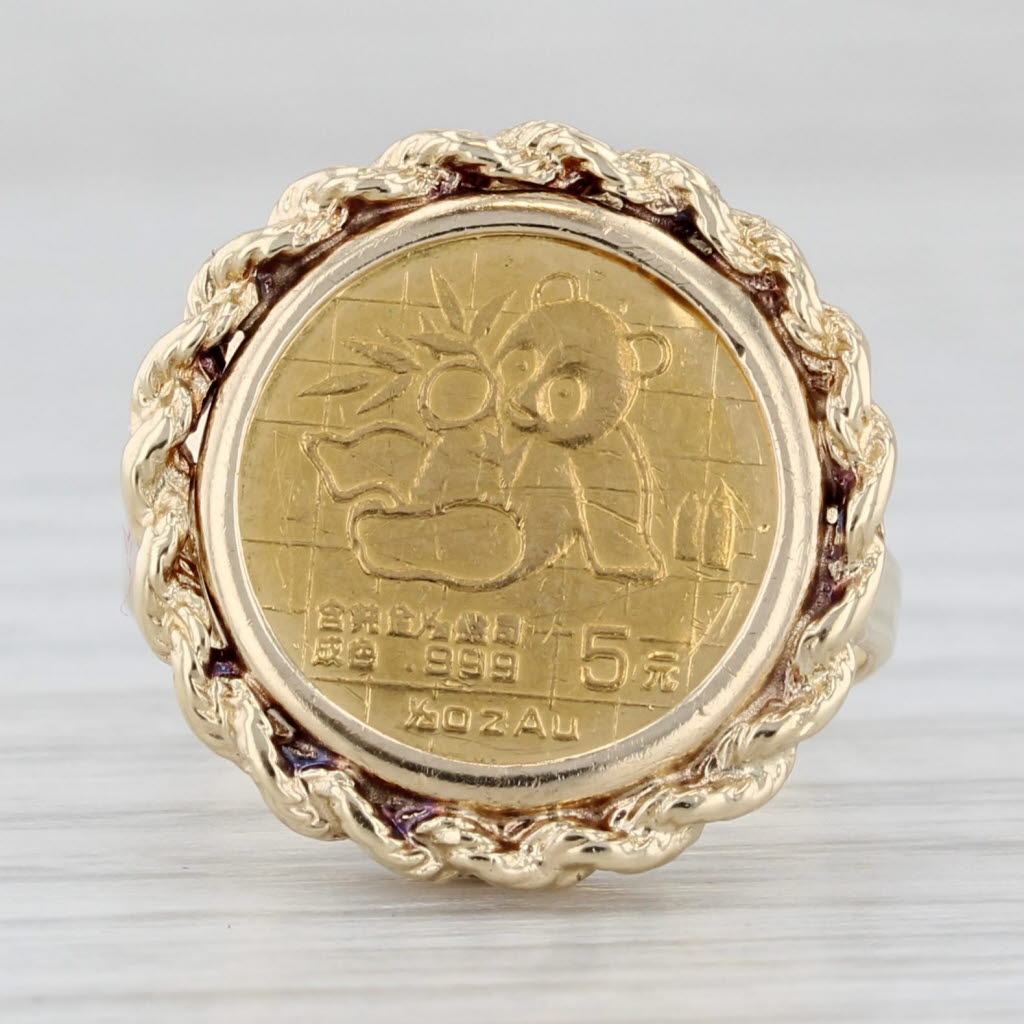 Light Gray 1999 Chinese Panda Coin 5 Yuan Ring 14k 1/20oz 24k Gold Size 6.75