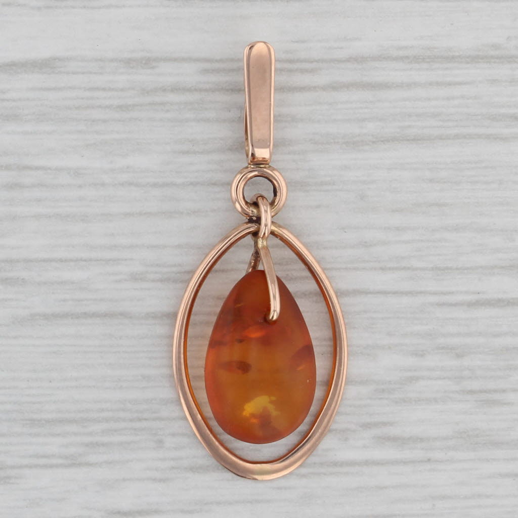 Gray Vintage Amber Pear Solitaire Pendant 14k Yellow Gold Teardrop Dangle