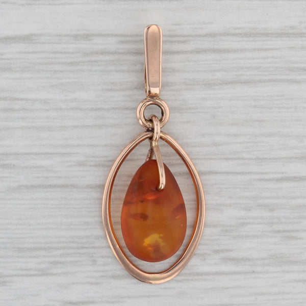Vintage Amber Pear Solitaire Pendant 14k Yellow Gold Teardrop Dangle