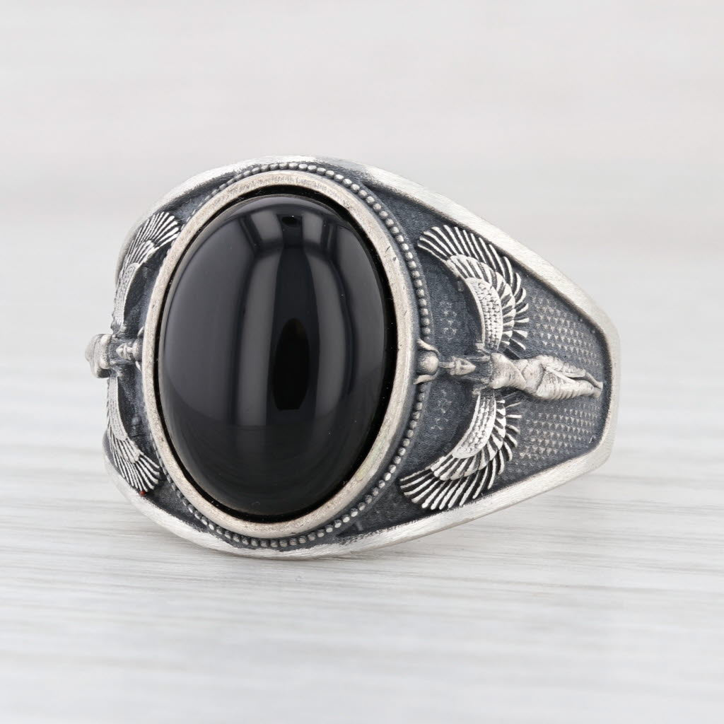 Onyx Sterling Silver Ring Size 12.5 Winged Figure Tribal Egyptian Goddess