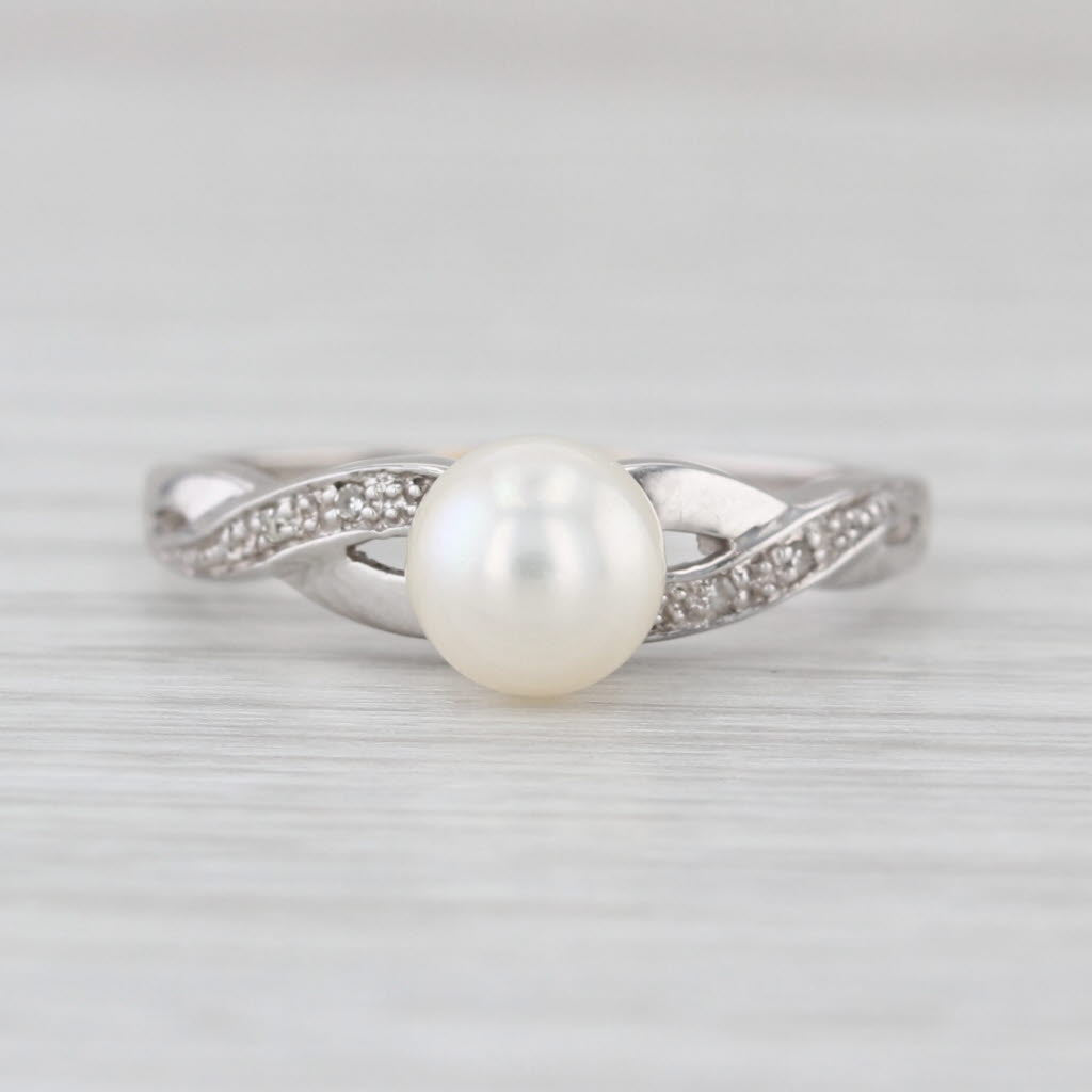 Cultured Pearl Diamond Ring 10k White Gold Size 7