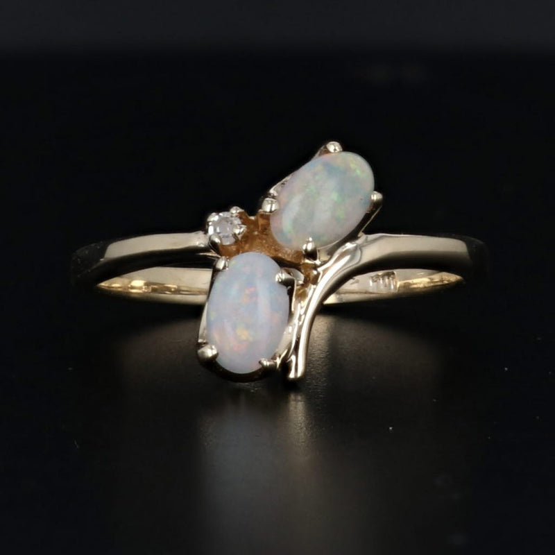 Black Opal Diamond Bypass Ring 10k Yellow Gold Size 5.25 Oval 2-Stone