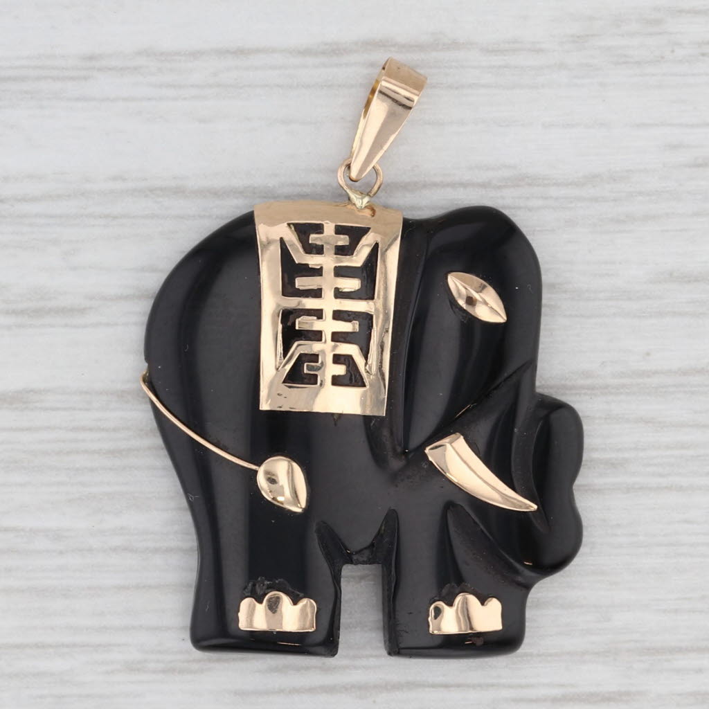 Carved Onyx Elephant Pendant 14k Yellow Gold Longevity Chinese Calligraphy